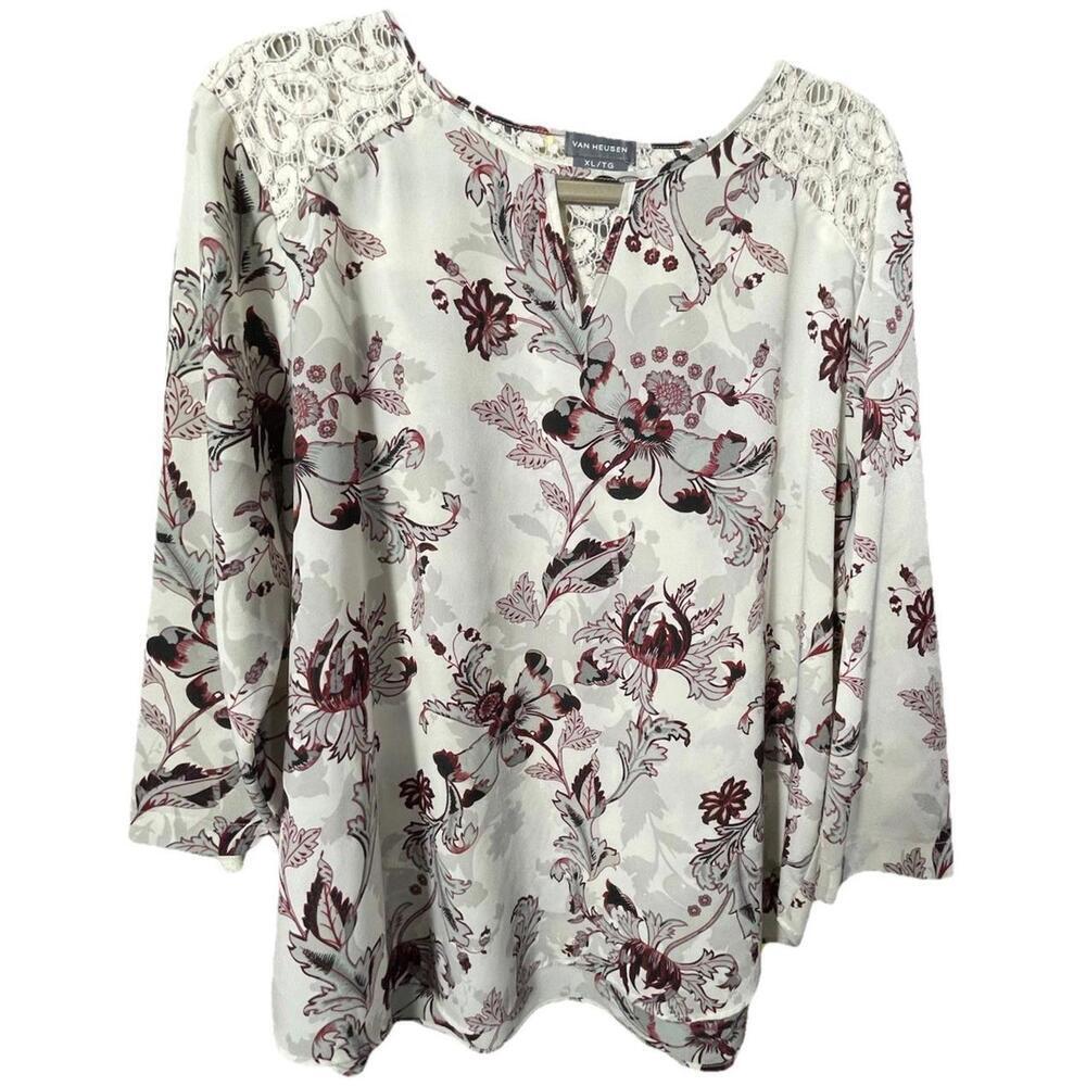 Van Heusen Multicolor Floral Women's Blouse Lace Shoulder Sz XL